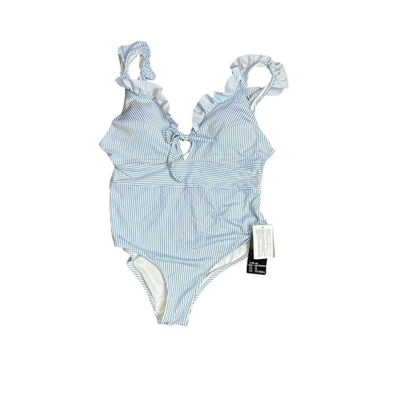 H & M Light Blue Striped Padded Ruffled Maillot One Piece Swimsuit Size 12 NWT - Picture 1 of 8